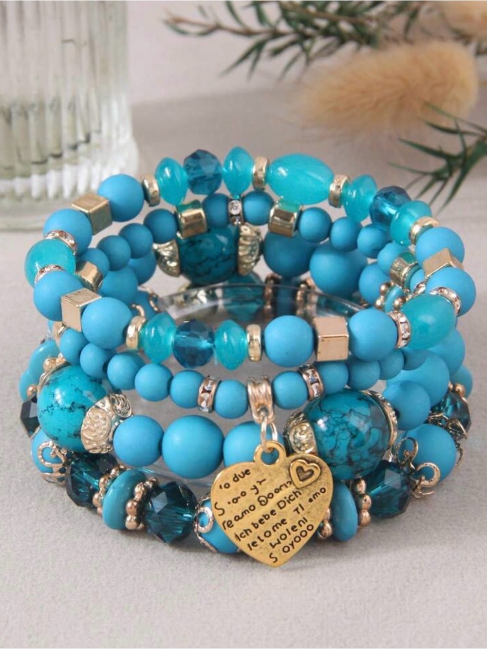 Turquoise Beaded Bracelet Stack with Gold Heart Charm